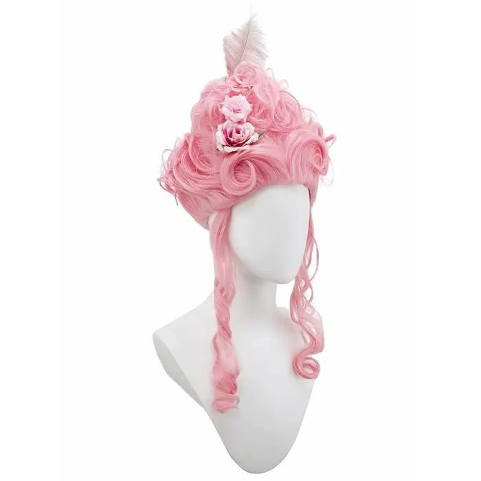 Perruque synthétique rose moelleuse de haute qualité |   Coiffure de la reine avec des fleurs de plu