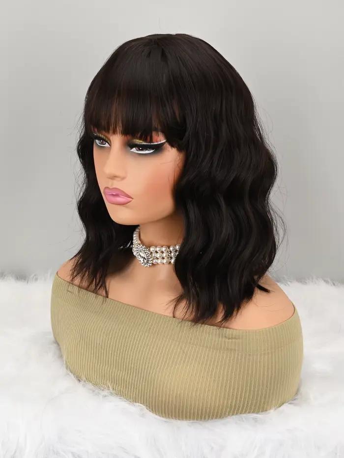 Perruque Bob ondulée bouclée synthétique marron naturel avec frange pour femme