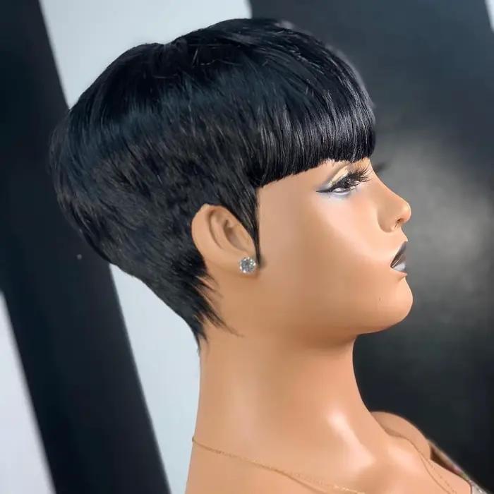 Perruques de cheveux courts, perruques coupe lutin, perruques courtes droites noires pour dames perr