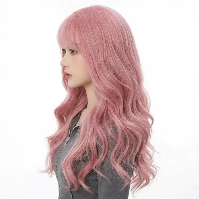 Perruque longue bouclée rose de 28 pouces, perruque synthétique pour femme, franges droites rose fon