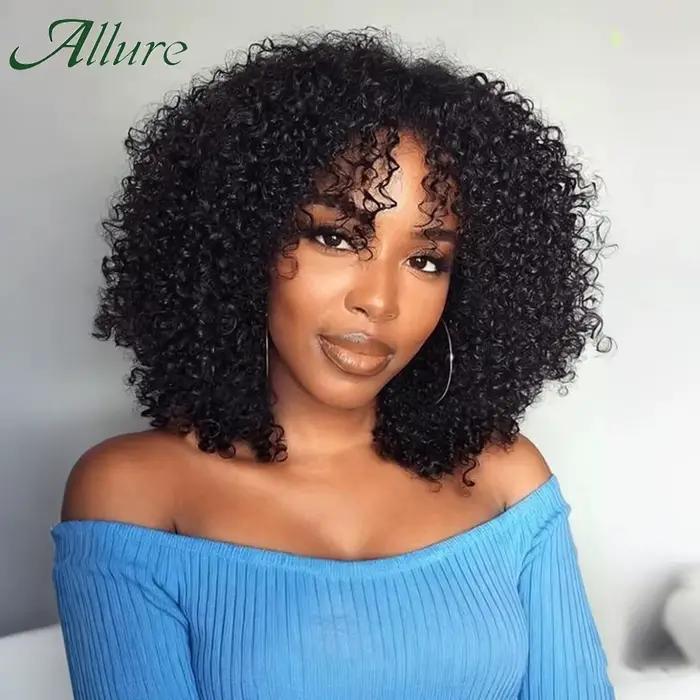 Perruques Bob Courtes Bouclées en Cheveux Humains, Perruques Afro Bouclées avec Frange, Perruques Bo
