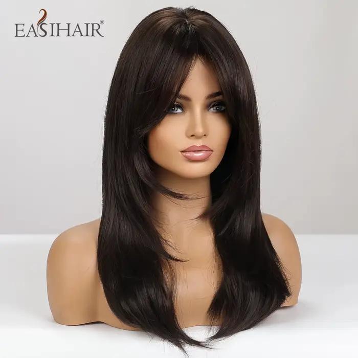 EASIHAIR – perruques synthétiques noires marron foncé avec frange, cheveux naturels mi-droits en cou