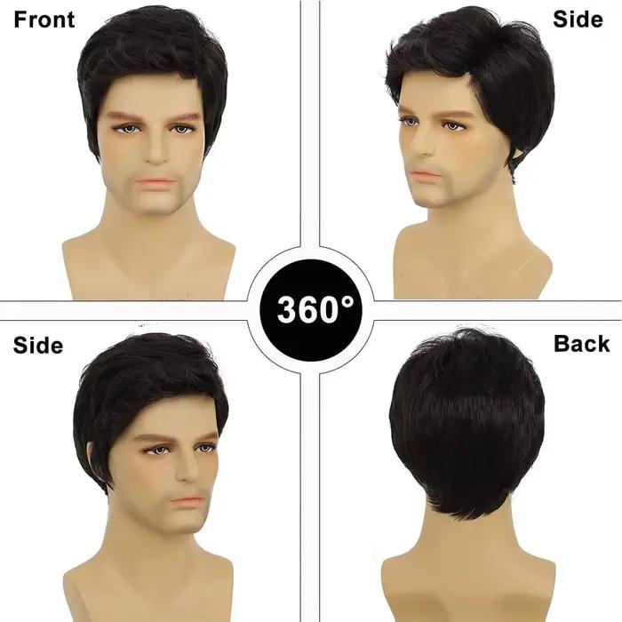 Perruques noires pour hommes, partie latérale courte, couches naturelles, perruque synthétique moell
