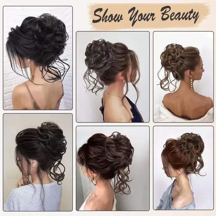 Chignon synthétique en désordre, Extension de chignons ébouriffés, bandeau élastique, pièces de chev