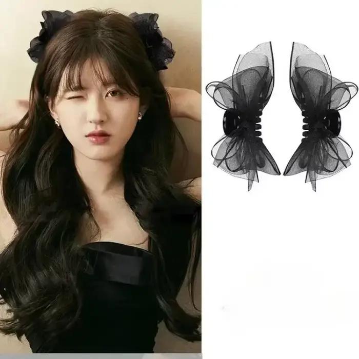 Pince à cheveux en maille avec nœud papillon noir mat, 2 pièces, petite épingle à cheveux pour fille