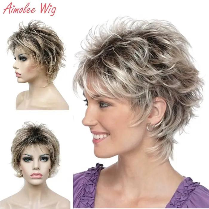 Perruques synthétiques pour femmes, cheveux courts et lisses avec couches, coupe Pixie, blondes et n