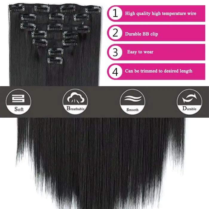 Extensions de cheveux synthétiques longues et lisses à clips, 24 pouces, 16 clips, 7 pièces/ensemble