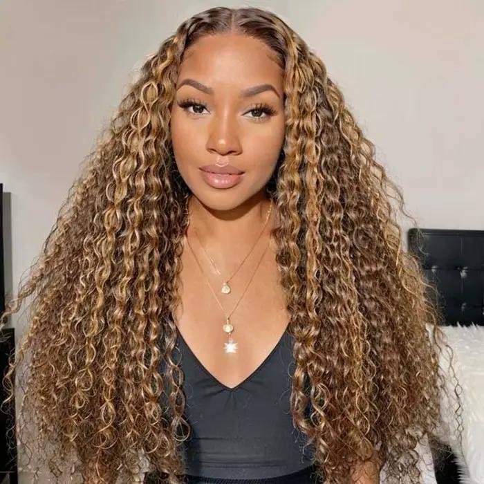 Perruques en cheveux humains bouclés brun miel 4/27, densité 250, avec dentelle frontale 13x4, 40 po