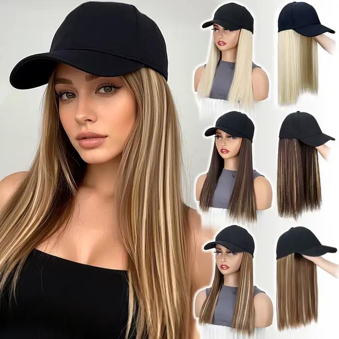 Perruque de chapeau synthétique avec cheveux noirs longs et lisses, Extension capillaire, Design tou