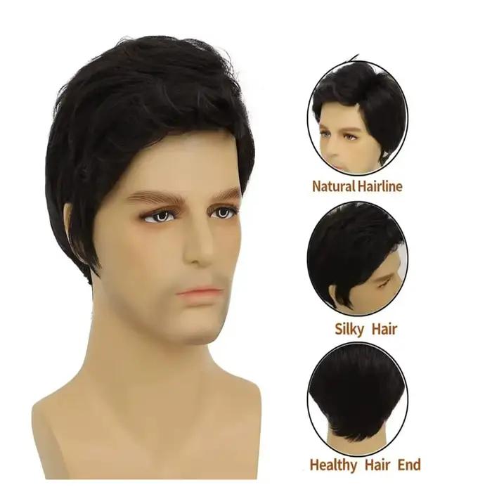 Perruques noires pour hommes, partie latérale courte, couches naturelles, perruque synthétique moell
