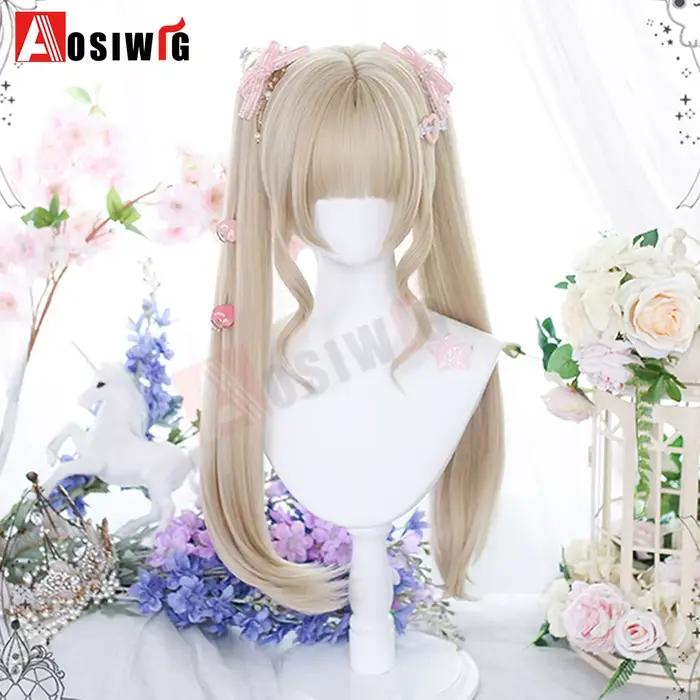 Perruque Lolita synthétique coupe princesse Double queue de cheval avec frange fille Ombre Blonde ma