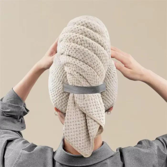 Serviette turban en microfibre gaufrée pour séchage rapide des cheveux, absorbante, avec bande élast