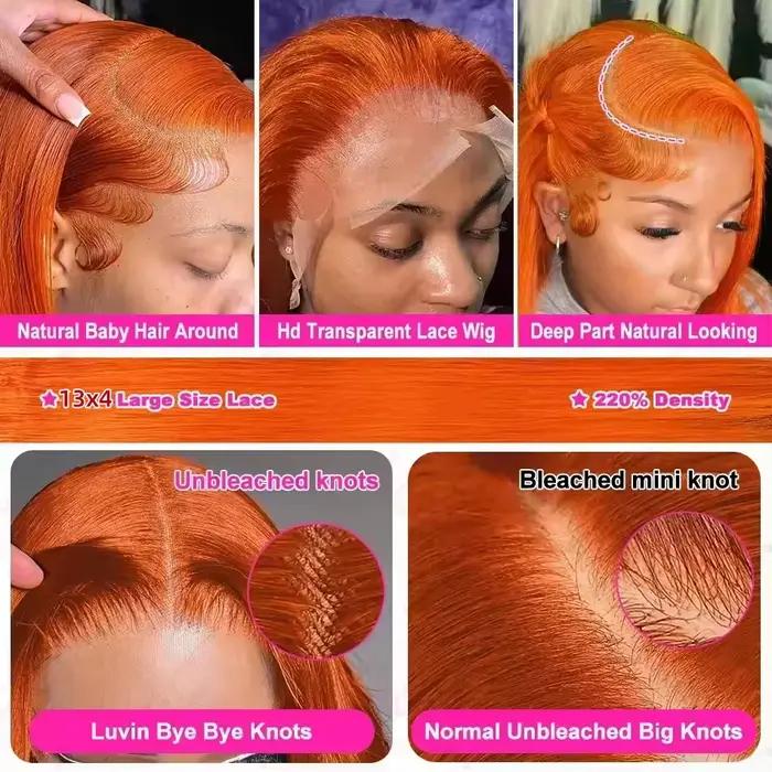 350 gingembre Orange droite perruques de cheveux humains 13X4 Hd dentelle frontale perruques 250% de