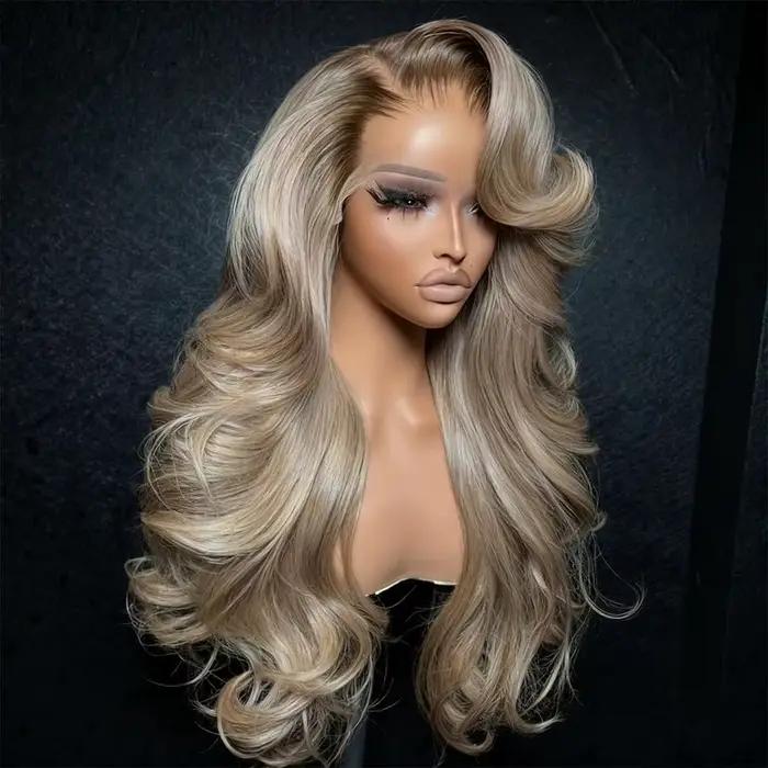 Perruques Lace Front 13x4 Ombré Blond avec Racines Colorées pour Femmes, Cheveux Humains Ondulés Omb