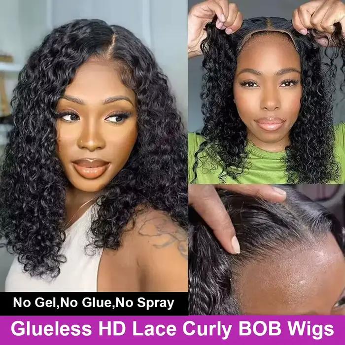 Perruque Lace Front Wig naturelle brésilienne bouclée sans colle, cheveux courts, 13x4, Deep Water W