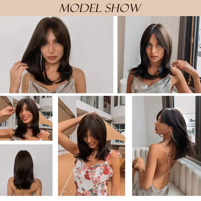 EASIHAIR – perruques synthétiques noires marron foncé avec frange, cheveux naturels mi-droits en cou