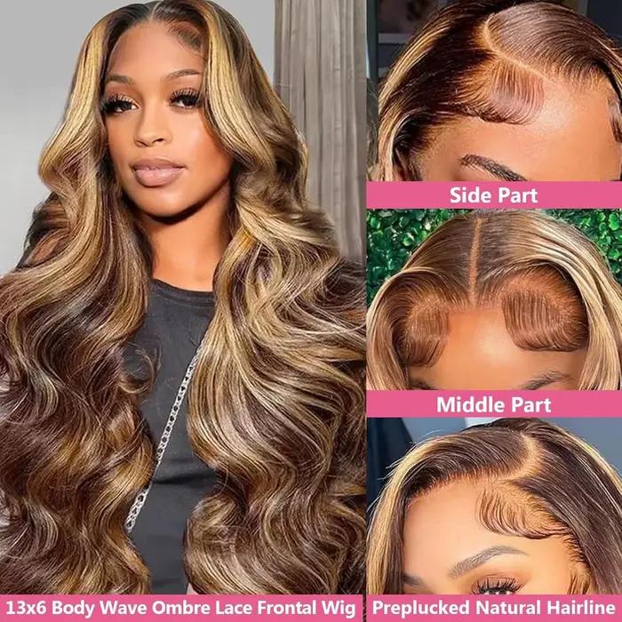 Perruque en cheveux humains blond miel avec mèches, ondulée, avec dentelle frontale, en promotion, s
