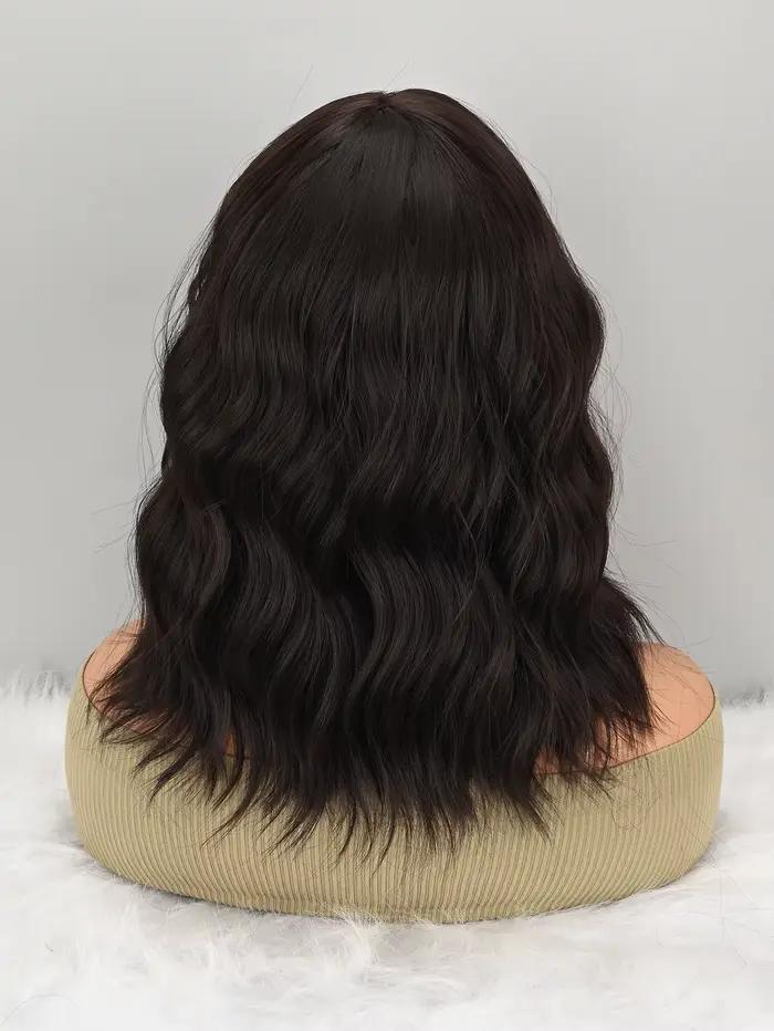Perruque Bob ondulée bouclée synthétique marron naturel avec frange pour femme