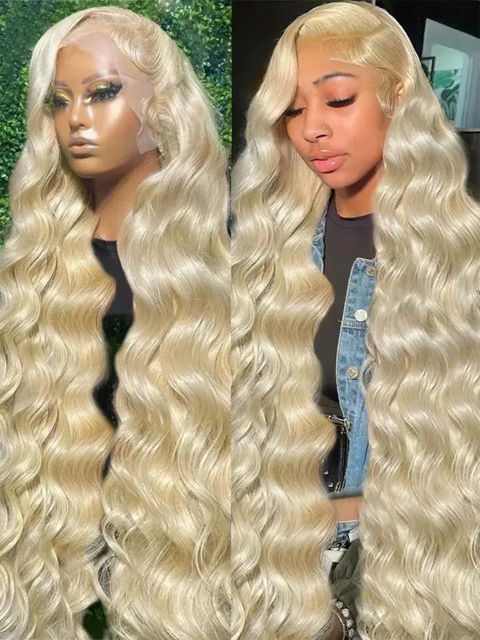 34 pouces 613 13x6 dentelle avant perruque cheveux humains vague de corps Blonde dentelle frontale p