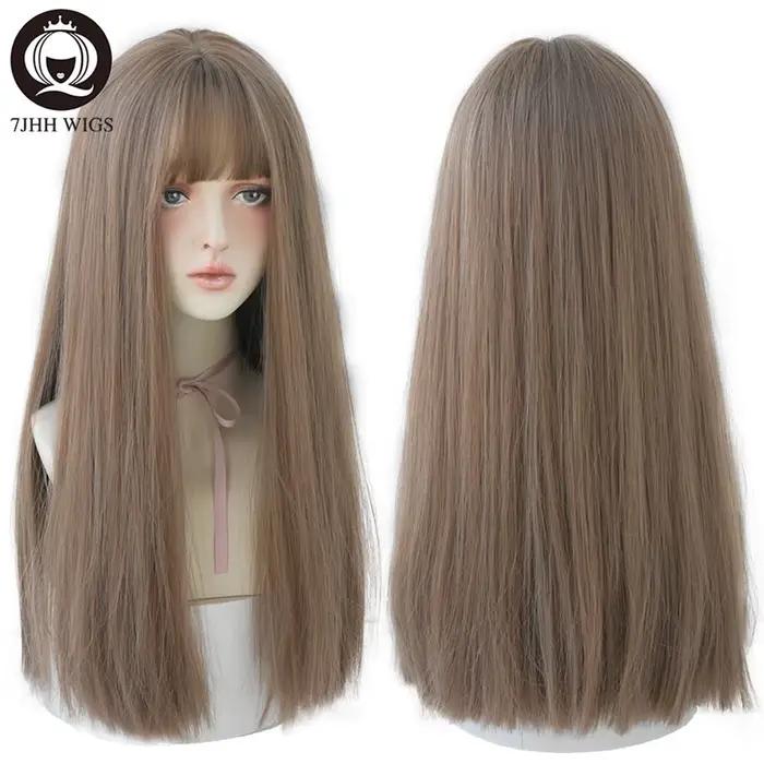7JHHWIGS – perruques synthétiques longues et lisses marron clair avec frange pour femmes, résistante
