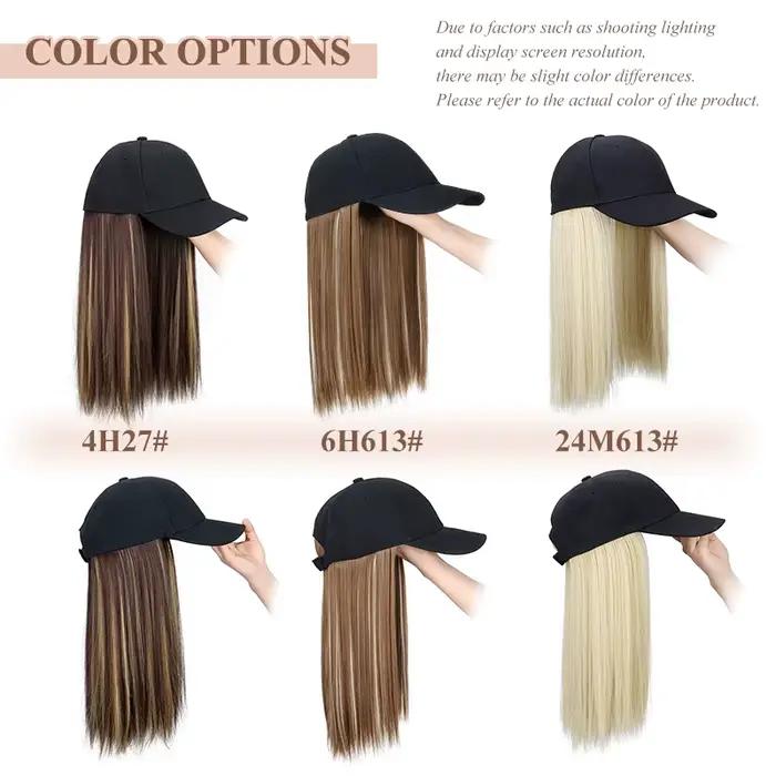 Perruque de chapeau synthétique avec cheveux noirs longs et lisses, Extension capillaire, Design tou