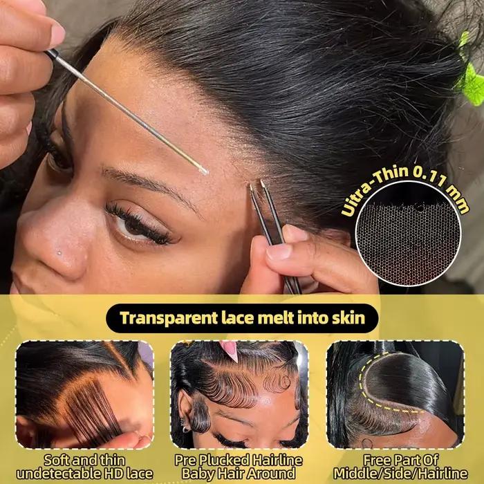 Perruque de cheveux humains lisses de 40-30 pouces, avec dentelle frontale HD 13x6, perruque frontal