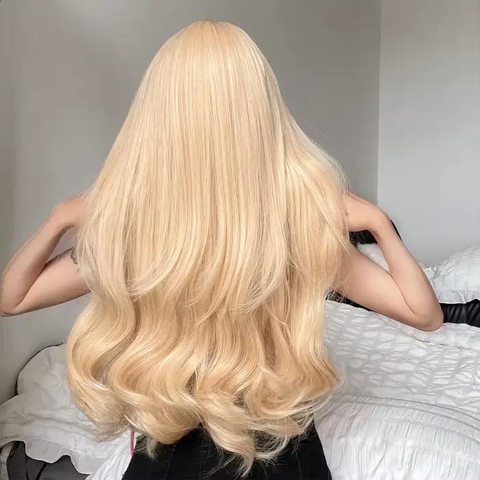 Perruques synthétiques ondulées blondes longues avec frange, perruques de Cosplay Lolita blondes Hal