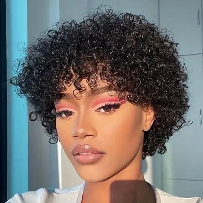 Perruques de cheveux humains Afro bouclés courts élégants avec frange pour les femmes vêtements de c