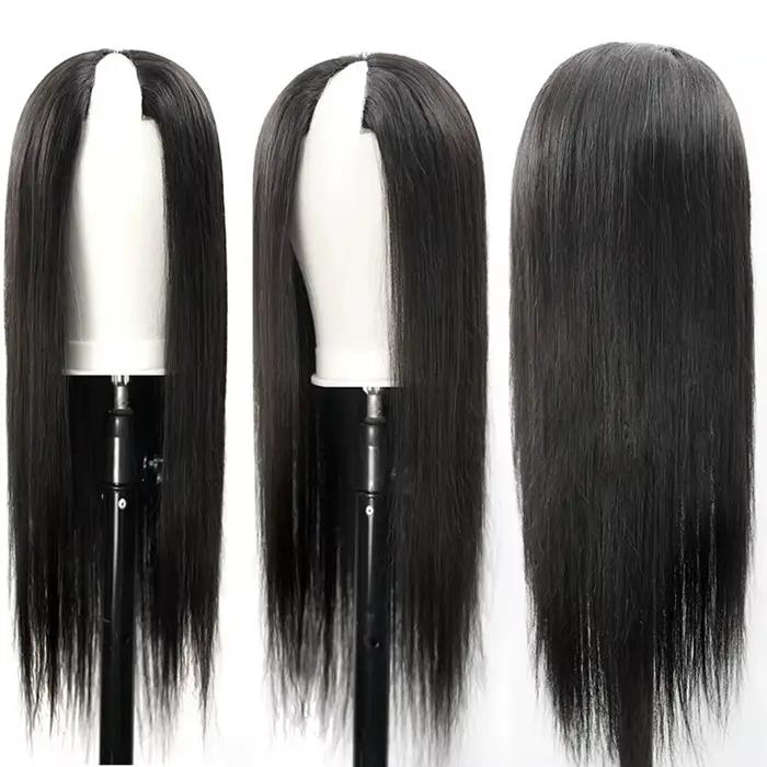 Perruque brésilienne sans colle à clipser, cheveux humains raides, densité 220, coupe en V, 16-36 po