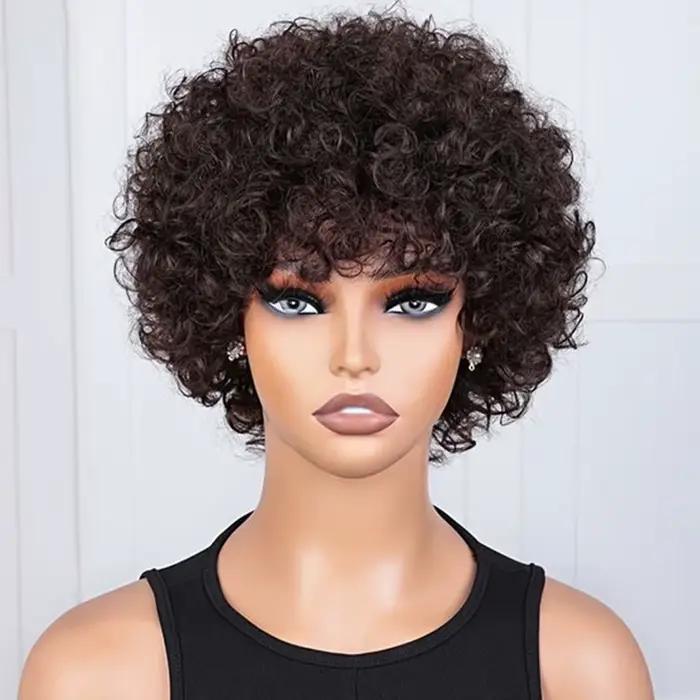 Perruques de cheveux humains Afro bouclés courts élégants avec frange pour les femmes vêtements de c