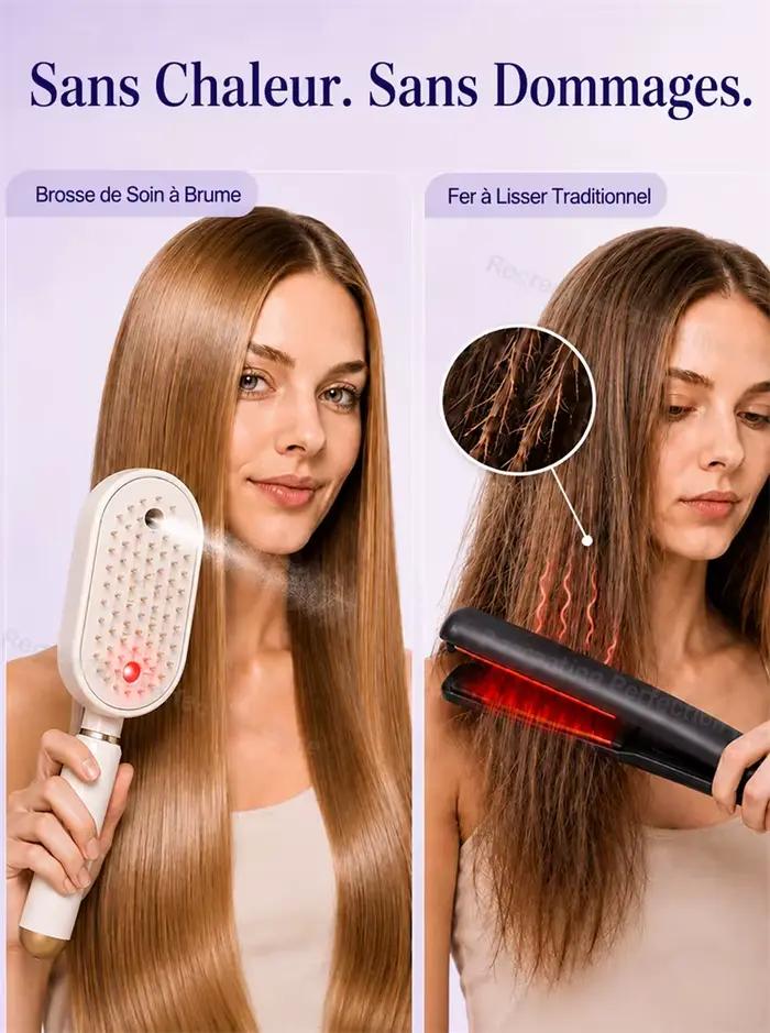 Brosse lissante électrique sans chaleur avec pulvérisation fine de brume, thérapie par lumière rouge, massage du cuir chevelu, sans fil, charge rapide