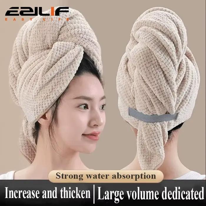 Grande serviette de séchage pour cheveux en microfibre, couleur unie, absorbante, avec sangle élastique, douce et à séchage rapide