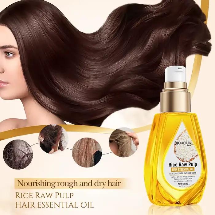 Huile Essentielle pour Cheveux à la Pulpe de Riz 70ml, Texture Fraîche, Facile à Absorber, Non Grasse, Nourrit Profondément les Cheveux, Rend les Cheveux Doux et Lisses, Facile à Peigner. Pas peur que
