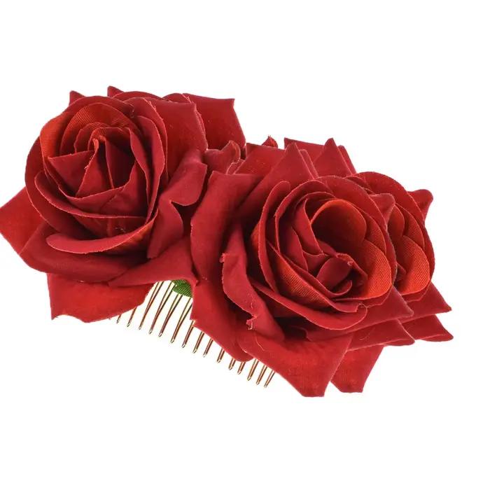 Coiffure Rose rétro rouge avec peigne à Double fleur