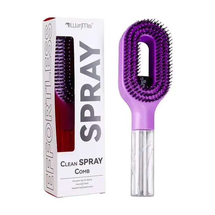 Brosse démêlante 2-en-1 manuelle avec pulvérisateur intégré pour cheveux bouclés – Brume fine anti-frisottis – Idéale