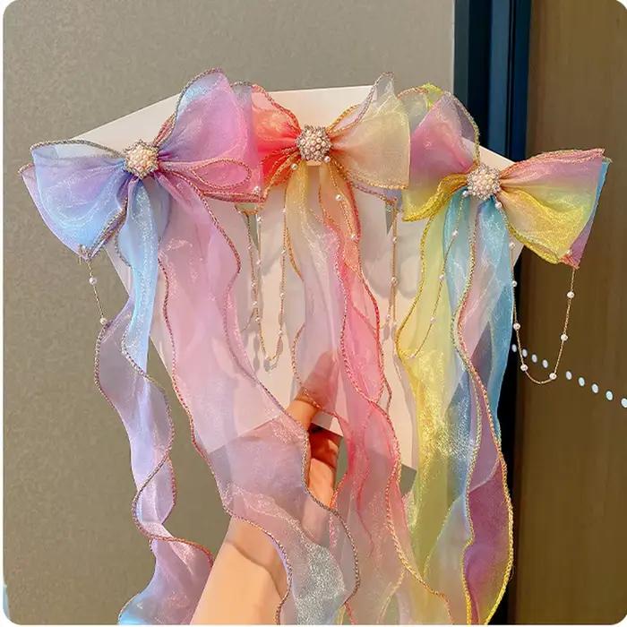 Accessoires de cheveux de mode nouvelles filles mignon coloré en mousseline de soie arc ruban épingles