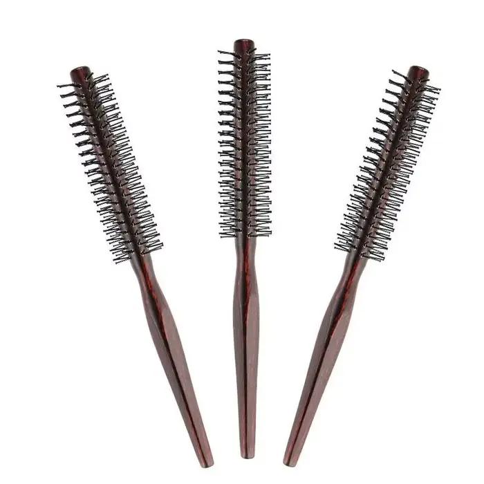 Mini brosse à cheveux ronde en nylon avec manche en bois pour hommes et femmes