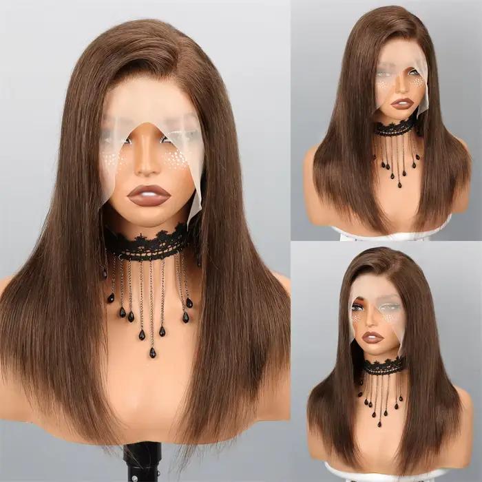 Perruque Lace Front 13x4 Bob Cheveux Humains Bruns Lisses Densité 180% Perruques Frontales en Dentelle Transparente Perr