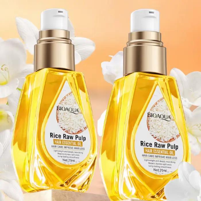 Huile Essentielle pour Cheveux à la Pulpe de Riz 70ml, Texture Fraîche, Facile à Absorber, Non Grasse, Nourrit Profondément les Cheveux, Rend les Cheveux Doux et Lisses, Facile à Peigner. Pas peur que