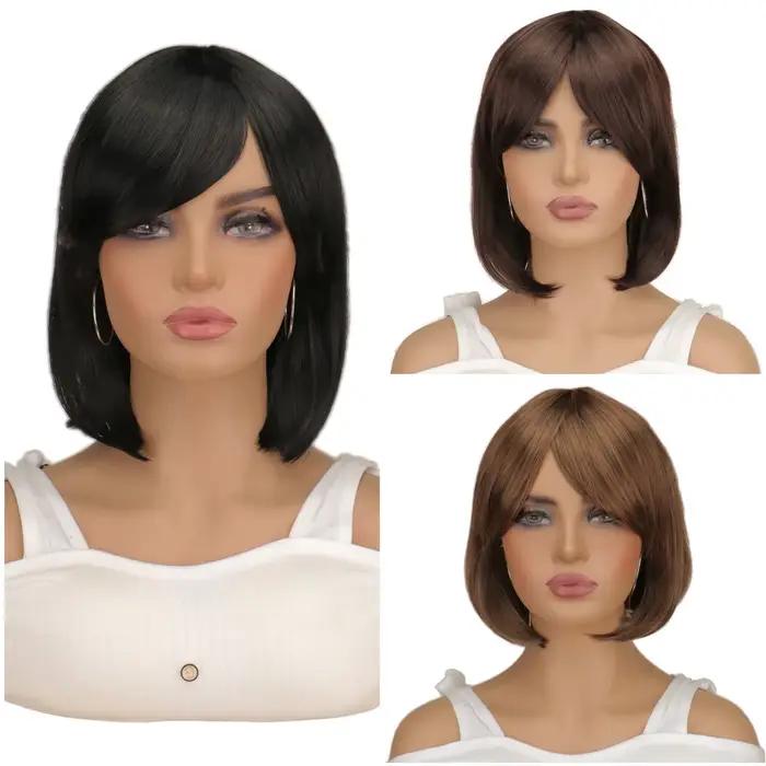 Perruques synthétiques lisses Bob marron foncé avec frange complète, cheveux courts noirs pour femmes, fête de Cosplay quotidienne, utilisation résistante à la chaleur