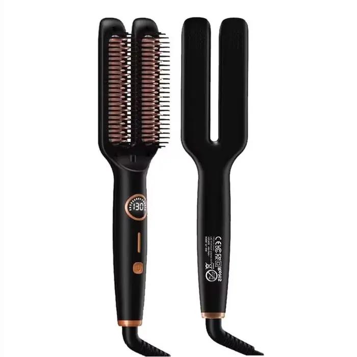 Brosse lissante électrique anti-frisottis 2-en-1 en céramique avec écran LCD numérique