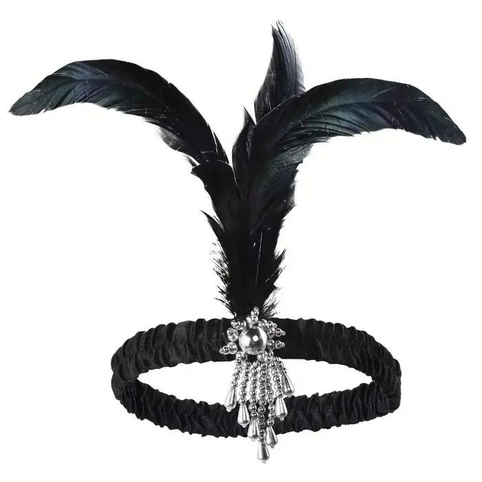 Accessoires pour cheveux : Bandeau noir à plumes et pompons diamantés