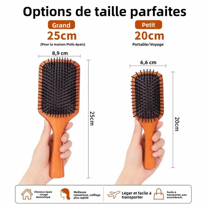 Brosse à cheveux en bois de qualité supérieure avec coussin en caoutchouc – Massage doux du cuir chevelu et contrôle