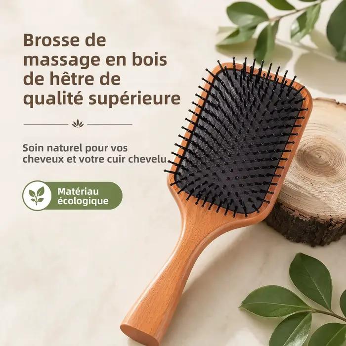 Brosse à cheveux en bois de qualité supérieure avec coussin en caoutchouc – Massage doux du cuir chevelu et contrôle