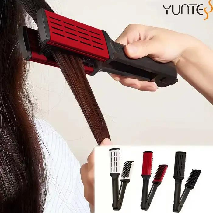 Lisseur de cheveux professionnel V Comb Clamp 2 en 1 avec double brosses en nylon
