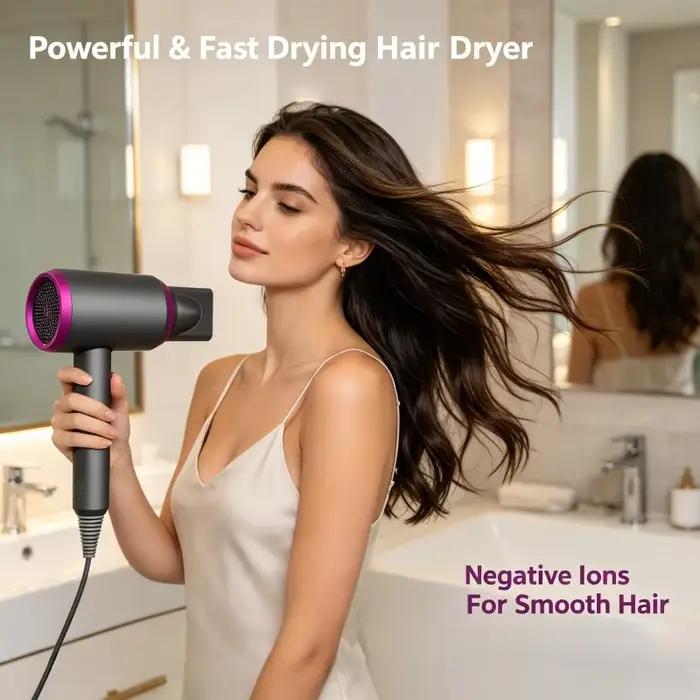 Sèche-cheveux à ions négatifs avec embout collecteur de vent, sèche-cheveux léger à vent chaud et froid réglable pour le séchage des cheveux à domicile