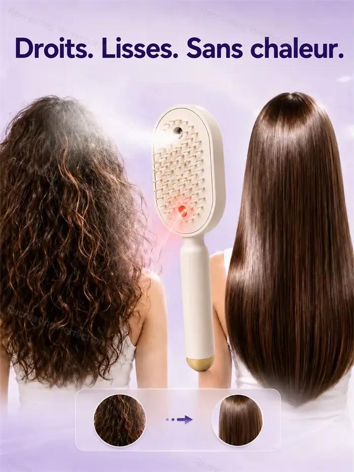 Brosse lissante électrique sans chaleur avec pulvérisation fine de brume, thérapie par lumière rouge, massage du cuir chevelu, sans fil, charge rapide