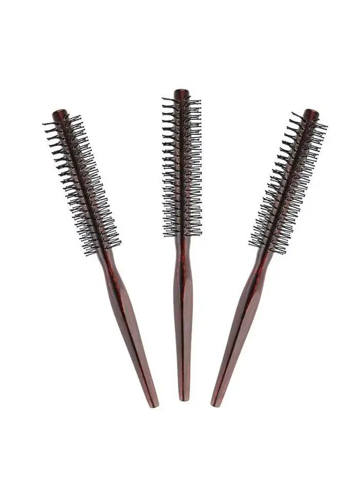 Mini brosse à cheveux ronde en nylon avec manche en bois pour hommes et femmes
