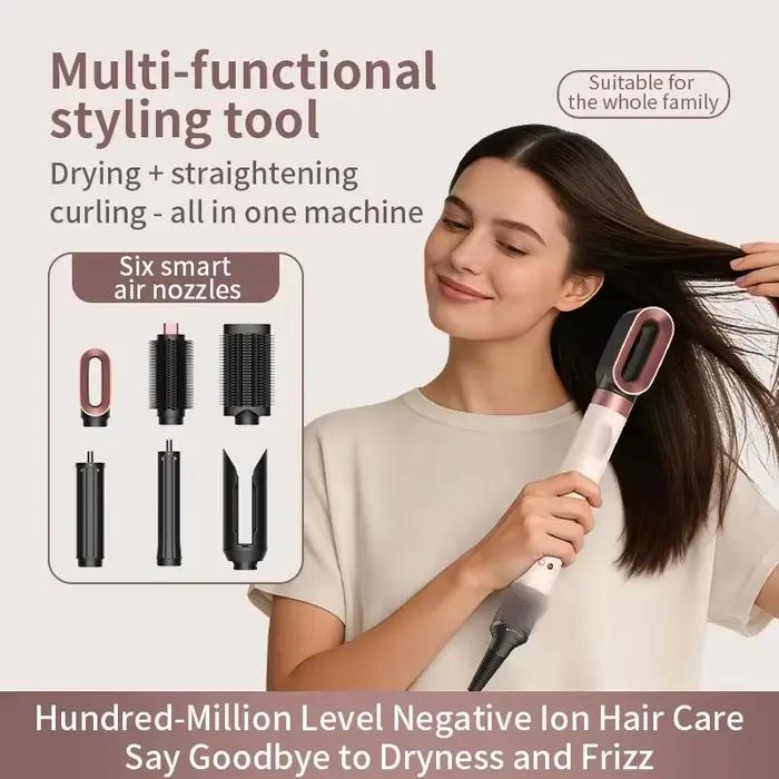 Sèche-cheveux professionnel multifonctionnel 6-en-1 1700W, brosse à air chaud et froid, fer à boucler, lisseur, qualité salon, séchage rapide