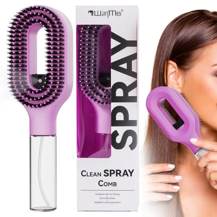 Brosse démêlante 2-en-1 manuelle avec pulvérisateur intégré pour cheveux bouclés – Brume fine anti-frisottis – Idéale